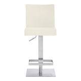 White and Silver Faux Leather and Iron Adjustable Height Swivel Bar Chair