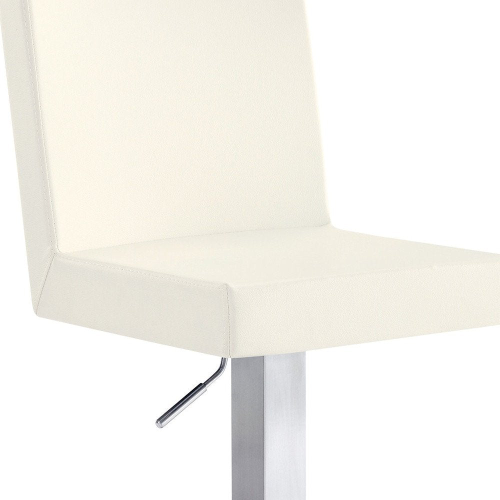 White and Silver Faux Leather and Iron Adjustable Height Swivel Bar Chair