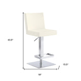 White and Silver Faux Leather and Iron Adjustable Height Swivel Bar Chair