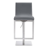 26" Gray And Silver Faux Leather And Iron Swivel Adjustable Height Bar Chair