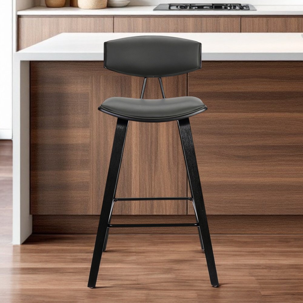 29" Gray And Black Faux Leather And Iron Low Back Bar Height Bar Chair