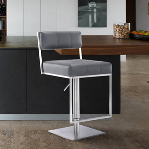 Gray And Silver Faux Leather And Faux Leather And Iron Low Back Adjustable Height Swivel Bar Chair