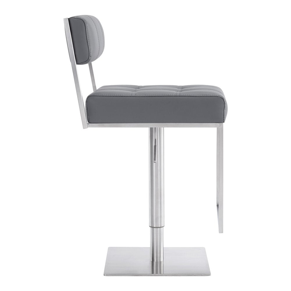 Gray And Silver Faux Leather And Faux Leather And Iron Low Back Adjustable Height Swivel Bar Chair