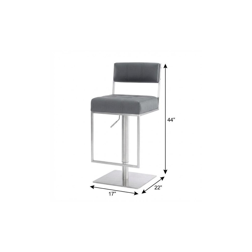 Gray And Silver Faux Leather And Faux Leather And Iron Low Back Adjustable Height Swivel Bar Chair