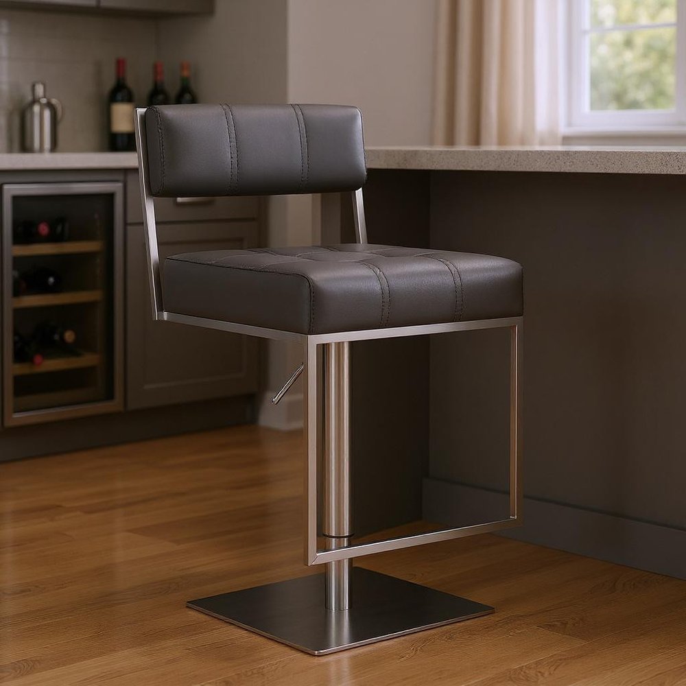 Gray And Silver Faux Leather And Faux Leather And Iron Low Back Adjustable Height Swivel Bar Chair