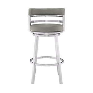 30" Gray And Silver Faux Leather And Faux Leather And Iron Low Back Bar Height Swivel Bar Chair