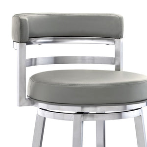 30" Gray And Silver Faux Leather And Faux Leather And Iron Low Back Bar Height Swivel Bar Chair