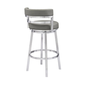 30" Gray And Silver Faux Leather And Faux Leather And Iron Low Back Bar Height Swivel Bar Chair