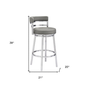 30" Gray And Silver Faux Leather And Faux Leather And Iron Low Back Bar Height Swivel Bar Chair