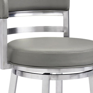 30" Gray And Silver Faux Leather And Faux Leather And Iron Low Back Bar Height Swivel Bar Chair