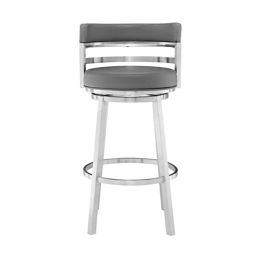 26" Gray And Silver Faux Leather And Faux Leather And Iron Low Back Counter Height Swivel Bar Chair