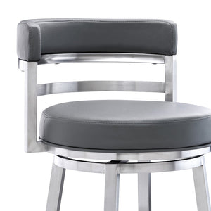 26" Gray And Silver Faux Leather And Faux Leather And Iron Low Back Counter Height Swivel Bar Chair