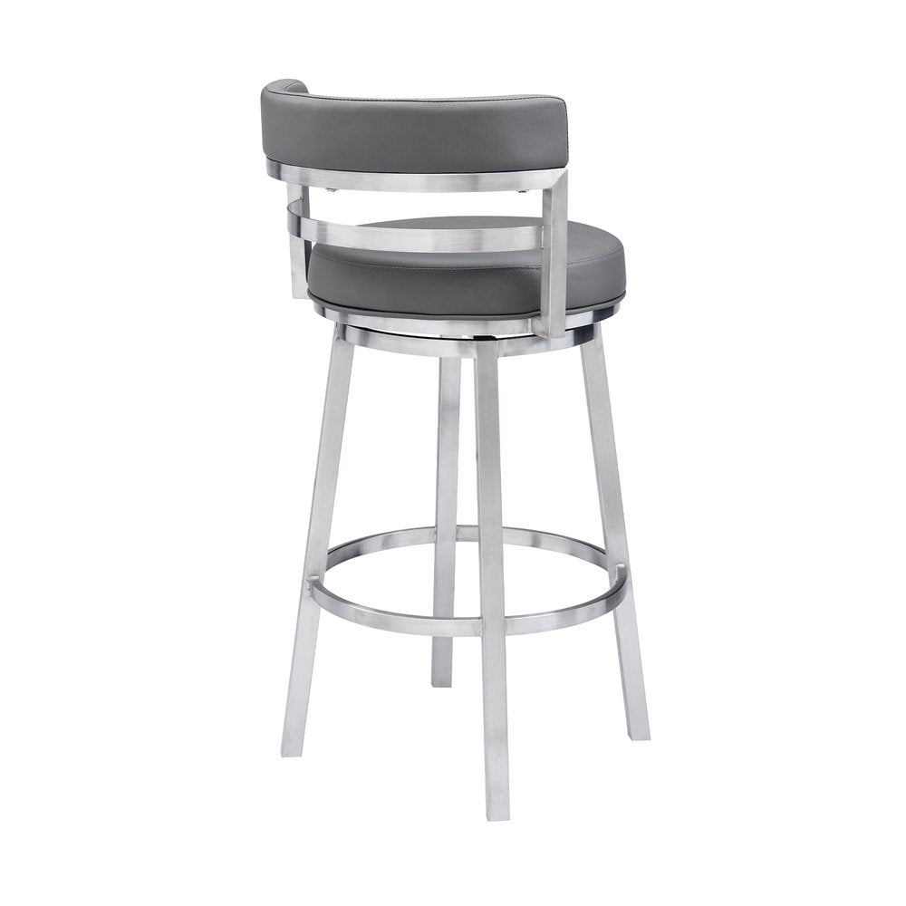 26" Gray And Silver Faux Leather And Faux Leather And Iron Low Back Counter Height Swivel Bar Chair