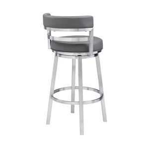 26" Gray And Silver Faux Leather And Faux Leather And Iron Low Back Counter Height Swivel Bar Chair