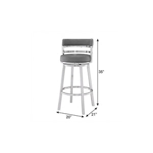 26" Gray And Silver Faux Leather And Iron Swivel Low Back Counter Height Bar Chair