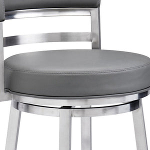 26" Gray And Silver Faux Leather And Faux Leather And Iron Low Back Counter Height Swivel Bar Chair