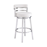 30" White and Silver Faux Leather and Iron Low Back Bar Height Swivel Bar Chair