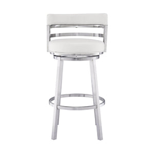30" White and Silver Faux Leather and Iron Low Back Bar Height Swivel Bar Chair