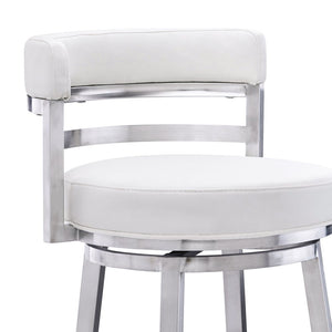 30" White and Silver Faux Leather and Iron Low Back Bar Height Swivel Bar Chair