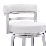30" White and Silver Faux Leather and Iron Low Back Bar Height Swivel Bar Chair