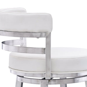 30" White And Silver Faux Leather And Faux Leather And Iron Low Back Bar Height Swivel Bar Chair