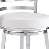30" White and Silver Faux Leather and Iron Low Back Bar Height Swivel Bar Chair