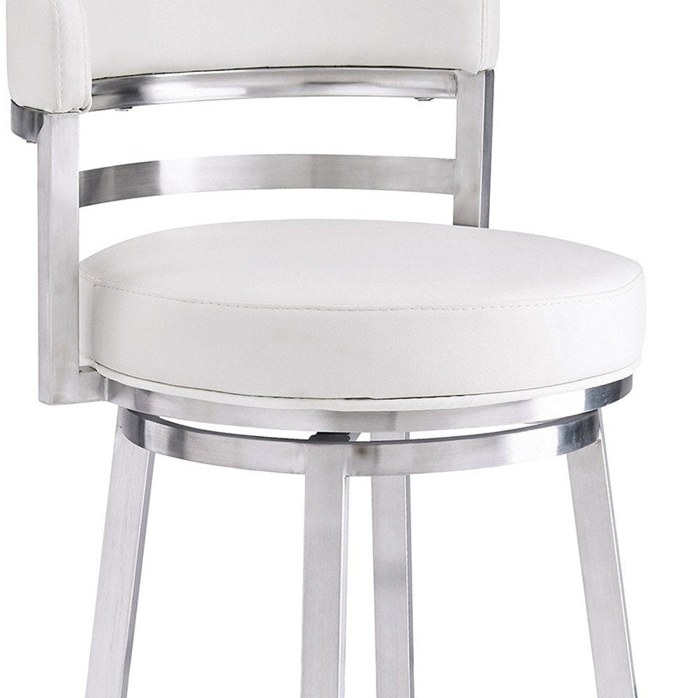 30" White and Silver Faux Leather and Iron Low Back Bar Height Swivel Bar Chair