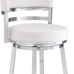 30" White and Silver Faux Leather and Iron Low Back Bar Height Swivel Bar Chair