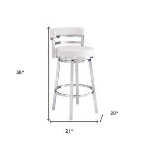 30" White And Silver Faux Leather And Faux Leather And Iron Low Back Bar Height Swivel Bar Chair