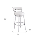 30" White and Silver Faux Leather and Iron Low Back Bar Height Swivel Bar Chair