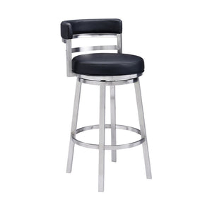 26" Black And Silver Faux Leather And Iron Low Back Counter Height Swivel Bar Chair