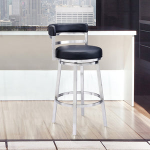 26" Black And Silver Faux Leather And Iron Low Back Counter Height Swivel Bar Chair