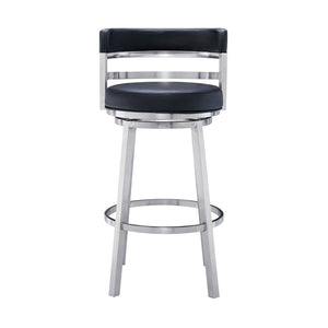 26" Black And Silver Faux Leather And Iron Low Back Counter Height Swivel Bar Chair