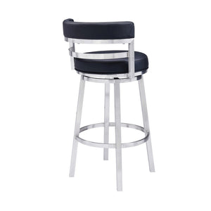 26" Black And Silver Faux Leather And Iron Low Back Counter Height Swivel Bar Chair
