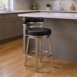 26" Black And Silver Faux Leather And Iron Swivel Low Back Counter Height Bar Chair