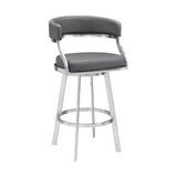 30" Gray and Silver Faux Leather and Iron Low Back Bar Height Swivel Bar Chair