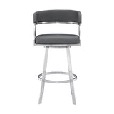 30" Gray and Silver Faux Leather and Iron Low Back Bar Height Swivel Bar Chair