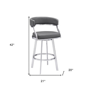 30" Gray and Silver Faux Leather and Iron Low Back Bar Height Swivel Bar Chair