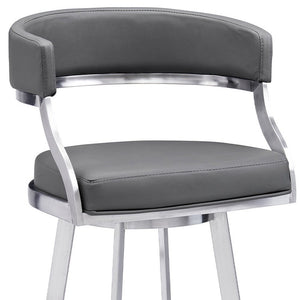 30" Gray and Silver Faux Leather and Iron Low Back Bar Height Swivel Bar Chair