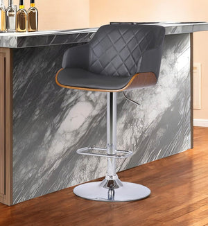 Gray and Silver Faux Leather and Iron Low Back Adjustable Height Swivel Bar Chair