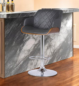 Gray and Silver Faux Leather and Iron Low Back Adjustable Height Swivel Bar Chair