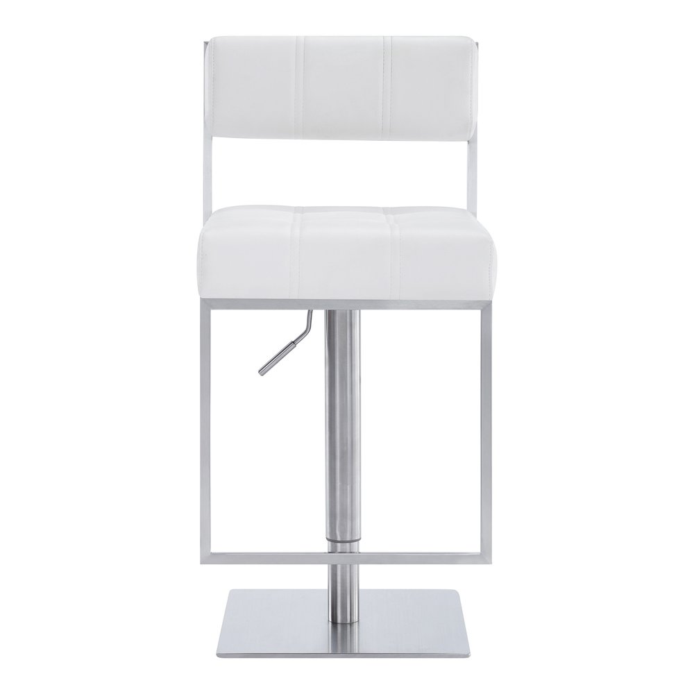 White And Silver Faux Leather And Faux Leather And Iron Low Back Adjustable Height Swivel Bar Chair