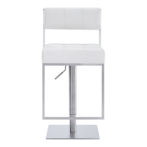 White And Silver Faux Leather And Faux Leather And Iron Low Back Adjustable Height Swivel Bar Chair