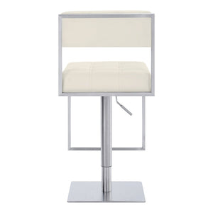 White And Silver Faux Leather And Faux Leather And Iron Low Back Adjustable Height Swivel Bar Chair