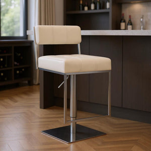 25" White And Silver Faux Leather And Iron Swivel Low Back Adjustable Height Bar Chair