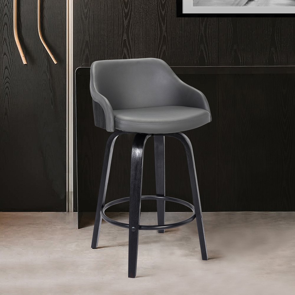30" Gray And Black Fabric And Iron Low Back Bar Height Swivel Bar Chair