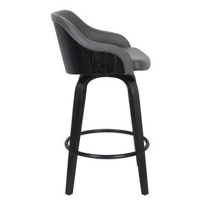 30" Gray And Black Fabric And Iron Low Back Bar Height Swivel Bar Chair