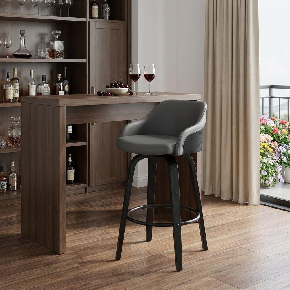 30" Gray And Black Fabric And Iron Low Back Bar Height Swivel Bar Chair