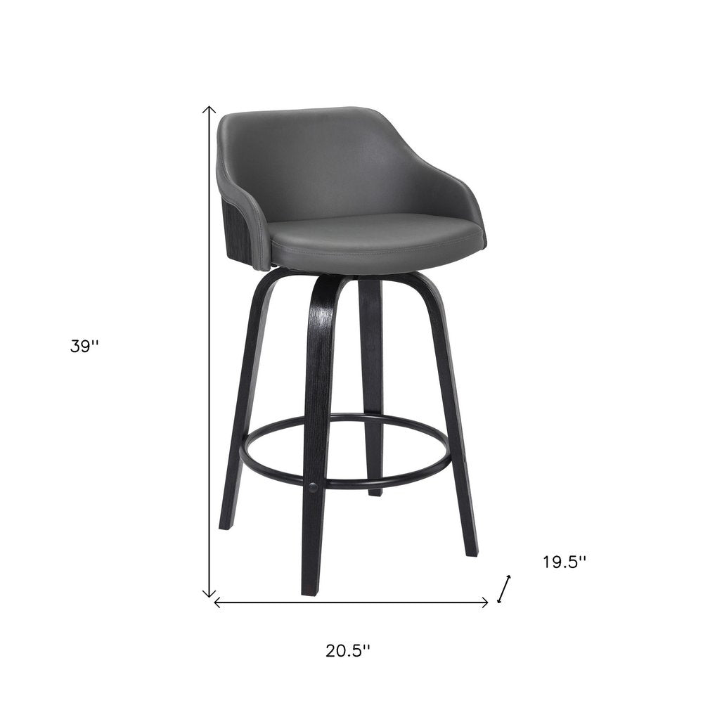 30" Gray And Black Fabric And Iron Low Back Bar Height Swivel Bar Chair