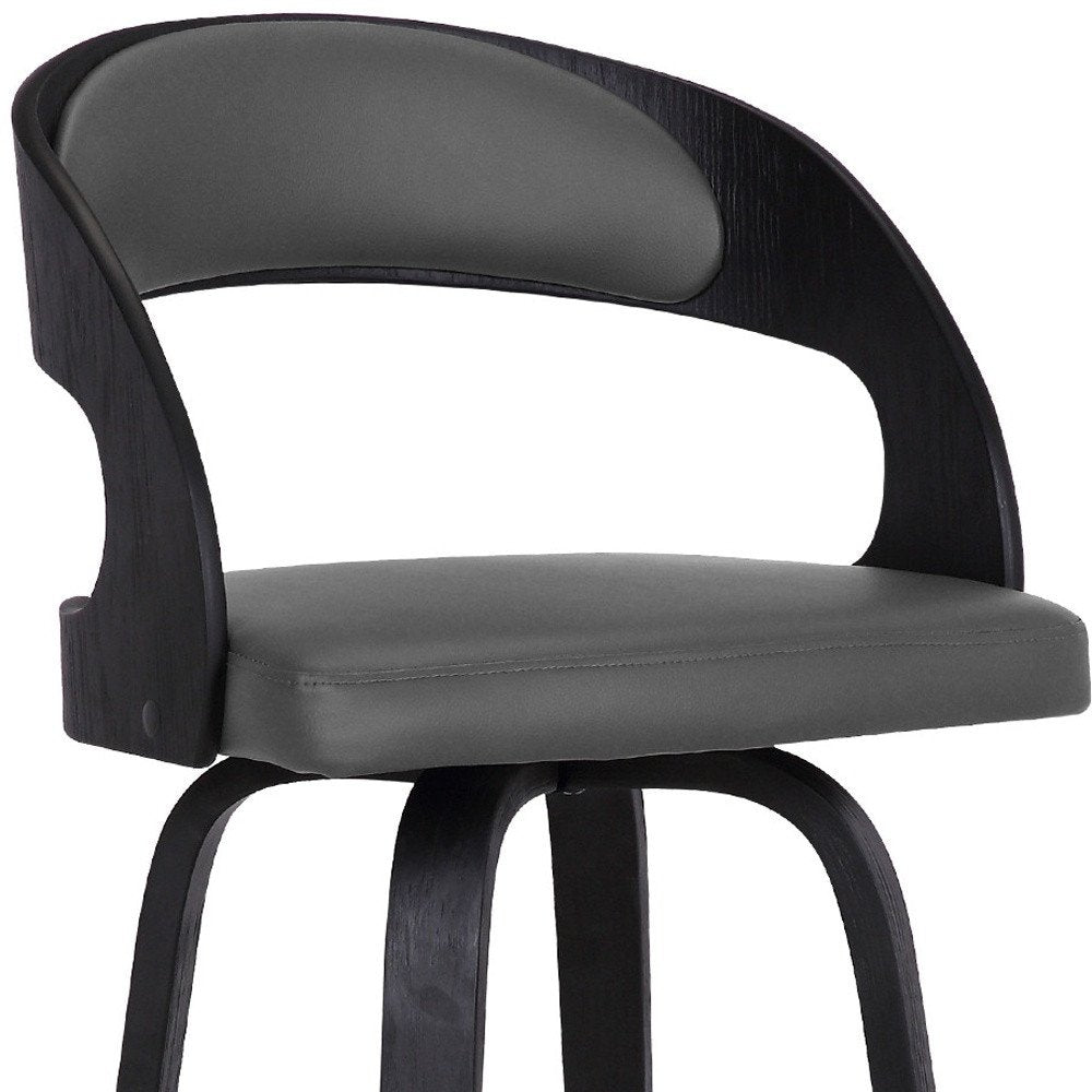 26" Gray And Black Faux Leather And Fabric And Iron Low Back Counter Height Swivel Bar Chair